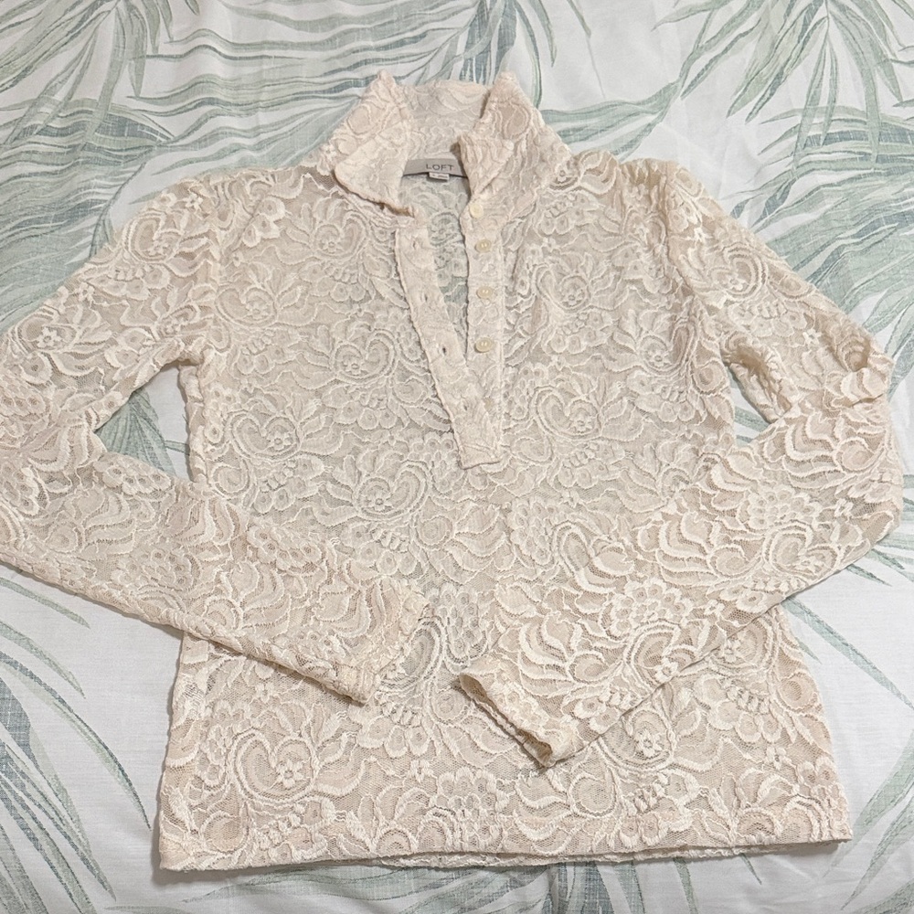 LOFT Cream Lace Button Down Shirt